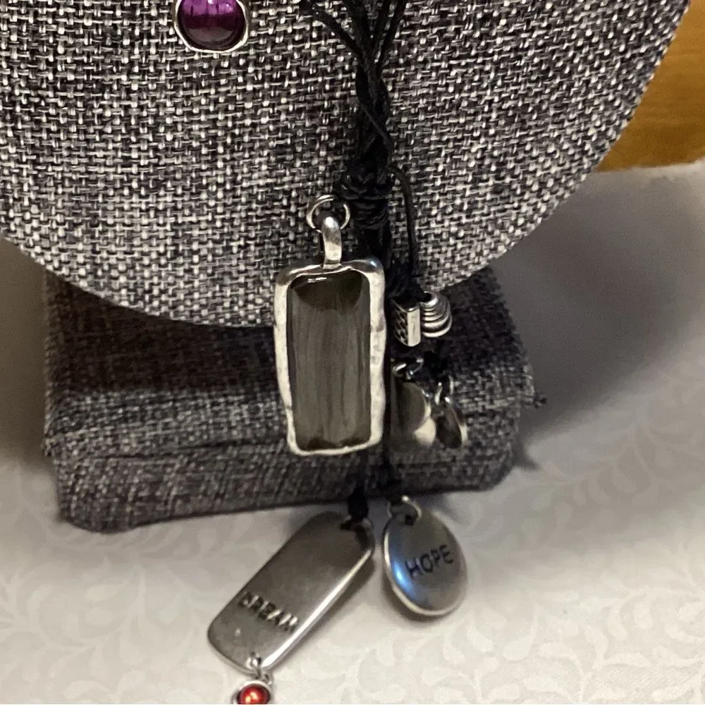Black Triple Strand Corded Necklace with Multi-Color Charm Accents
